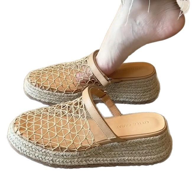2025 new holiday style straw woven mesh bag head sandals women's niche leisure word with slope heel thick bottom cool slippers
