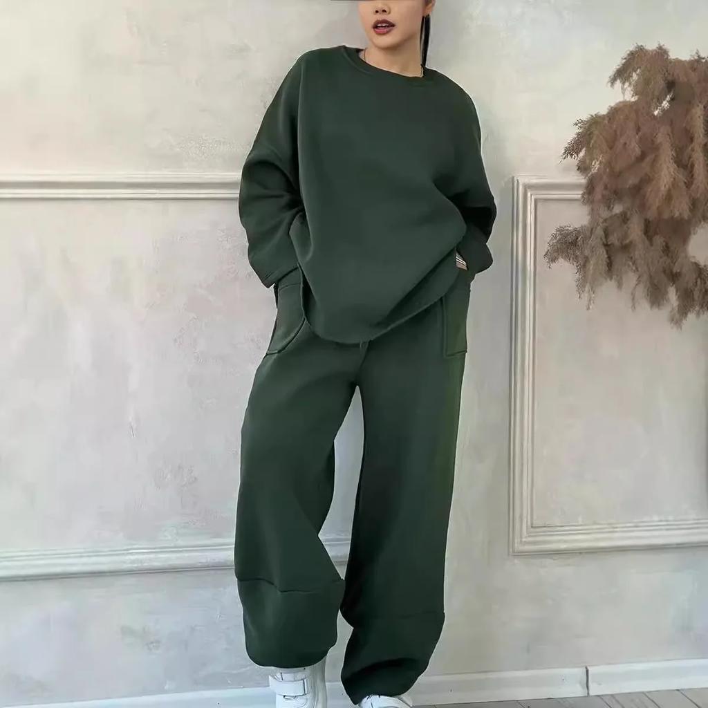 Women Two Piece Pant Sets Women Full Sleeve Sweatshirts Round Neck Straight Long Pants Suits Solid Spliced Thick Autumn Winter