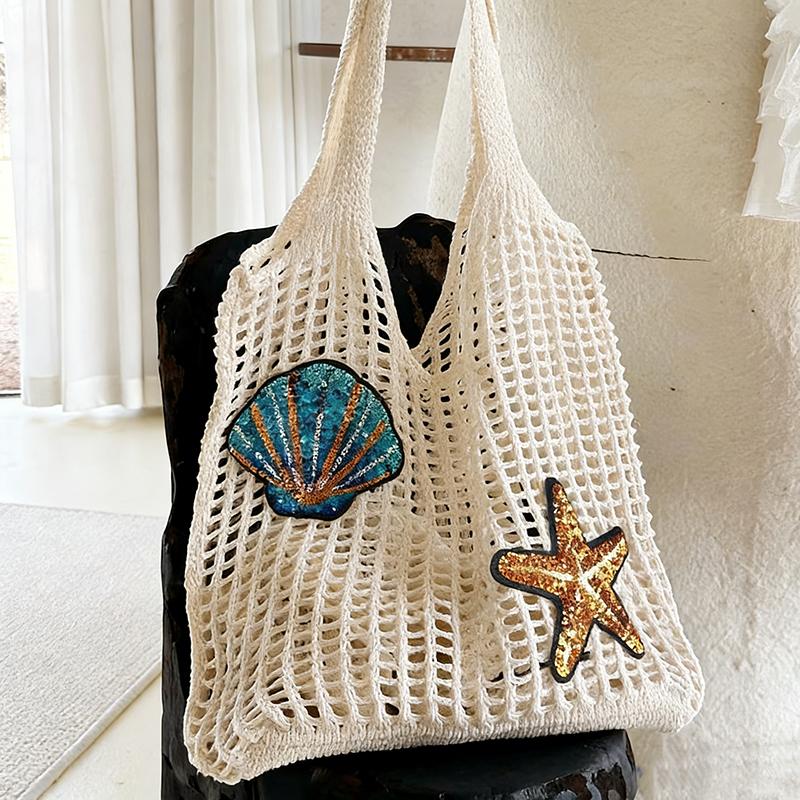 

Yogodlns Wool Large Capacity Knit Bag Shoulder Shopping Bag for Women Cotton Girls Tote Bag Female Handbag Crochet Bag big hollow бежевый