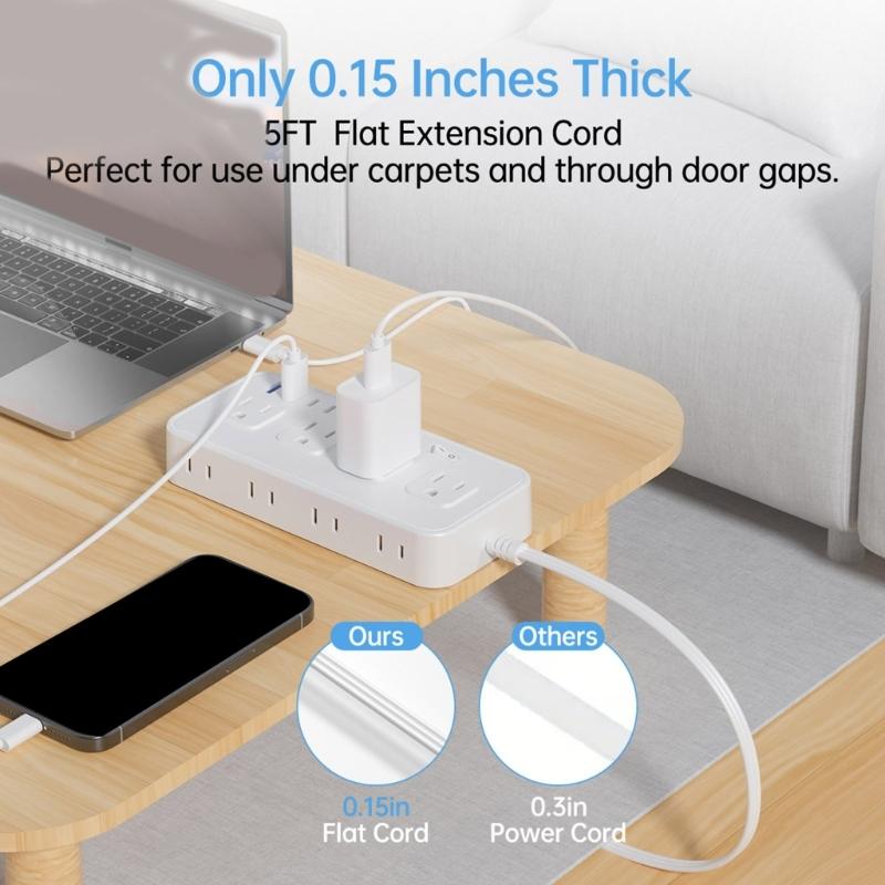 Stromleisten mit US-Stecker, 8 Steckdosen, 4 USB-Anschlüsse(2 USB-C), Geflochtenes Verlängerungskabel, Überspannungsschutz-Adapter für Zuhause