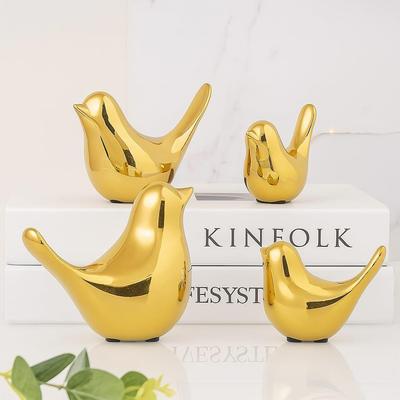 Figura de cerámica de pájaros bendecidos dorados para decoración del hogar | Sala de estar, dormitorio, escritorio de oficina y armarios - (Paquete de 4, dorado)