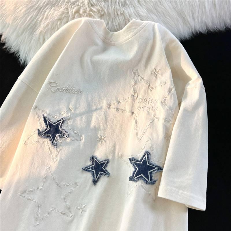 

Unisex Embroidered Star Cotton T-Shirt - Summer American Style, Trendy Loose Fit, Short-Sleeved, Heavyweight, Perfect for Couples. XXL