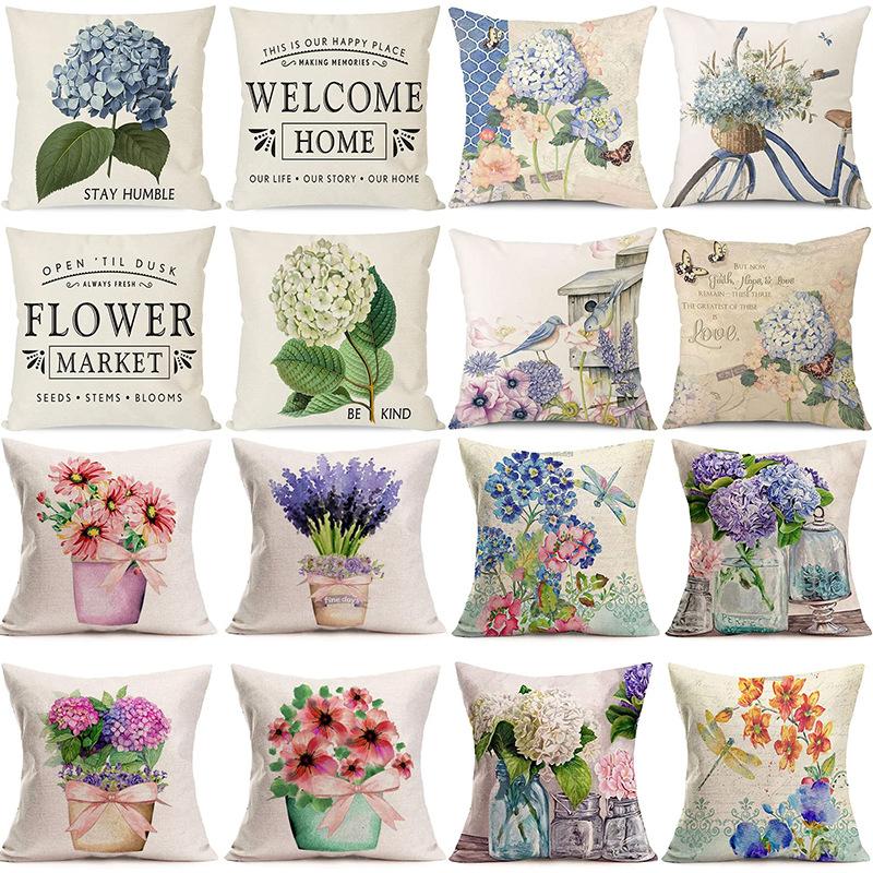 Plant and Flower Hydrangea Printed Linen Pillowcase Home Sofa Living Room Bedroom Pillowcase
