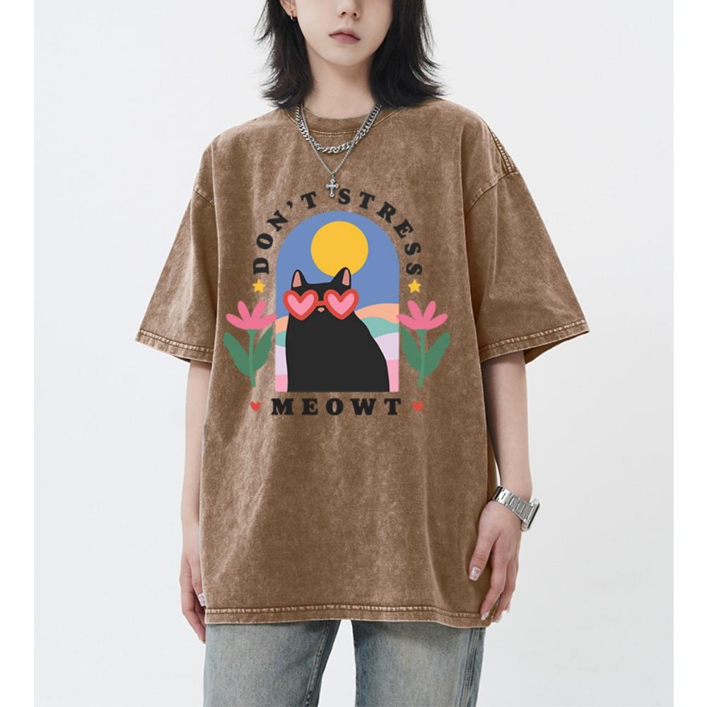 

Don t Stress Meowt Cartoon Printing Retro Tee Shirt Female Trendy Cotton T-Shirts Unisex Washed Short Sleeve Summer Top 3XL