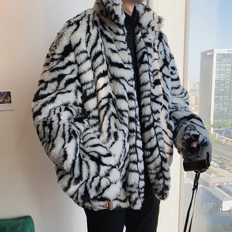Winter Men Faux Fur Tiger Pattern Coat Jacket Male Fashion Loose Warm Coat Male Streetwear Thicken Outwear