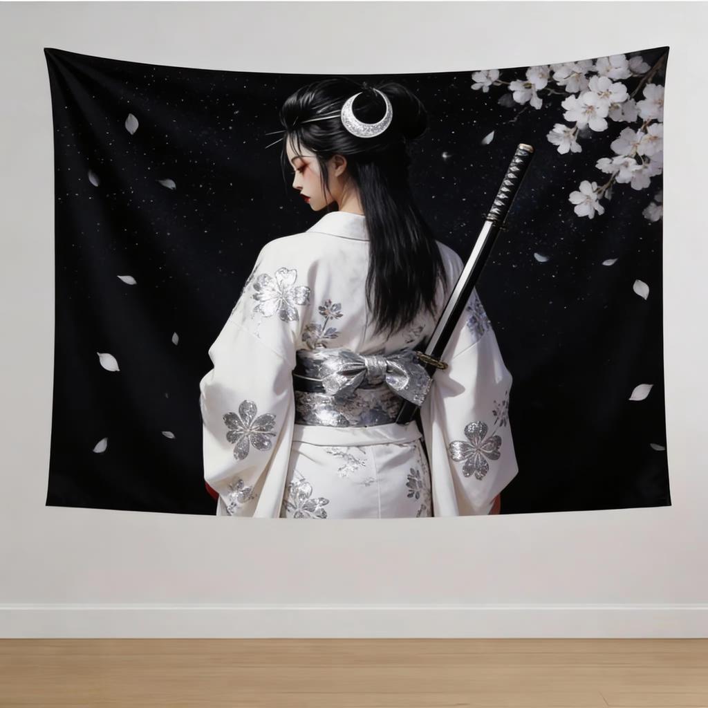 Japanese Sword Woman Tapestry, White Kimono Red Floral Design Wall Hanging For Living Room Home Decor Accessories