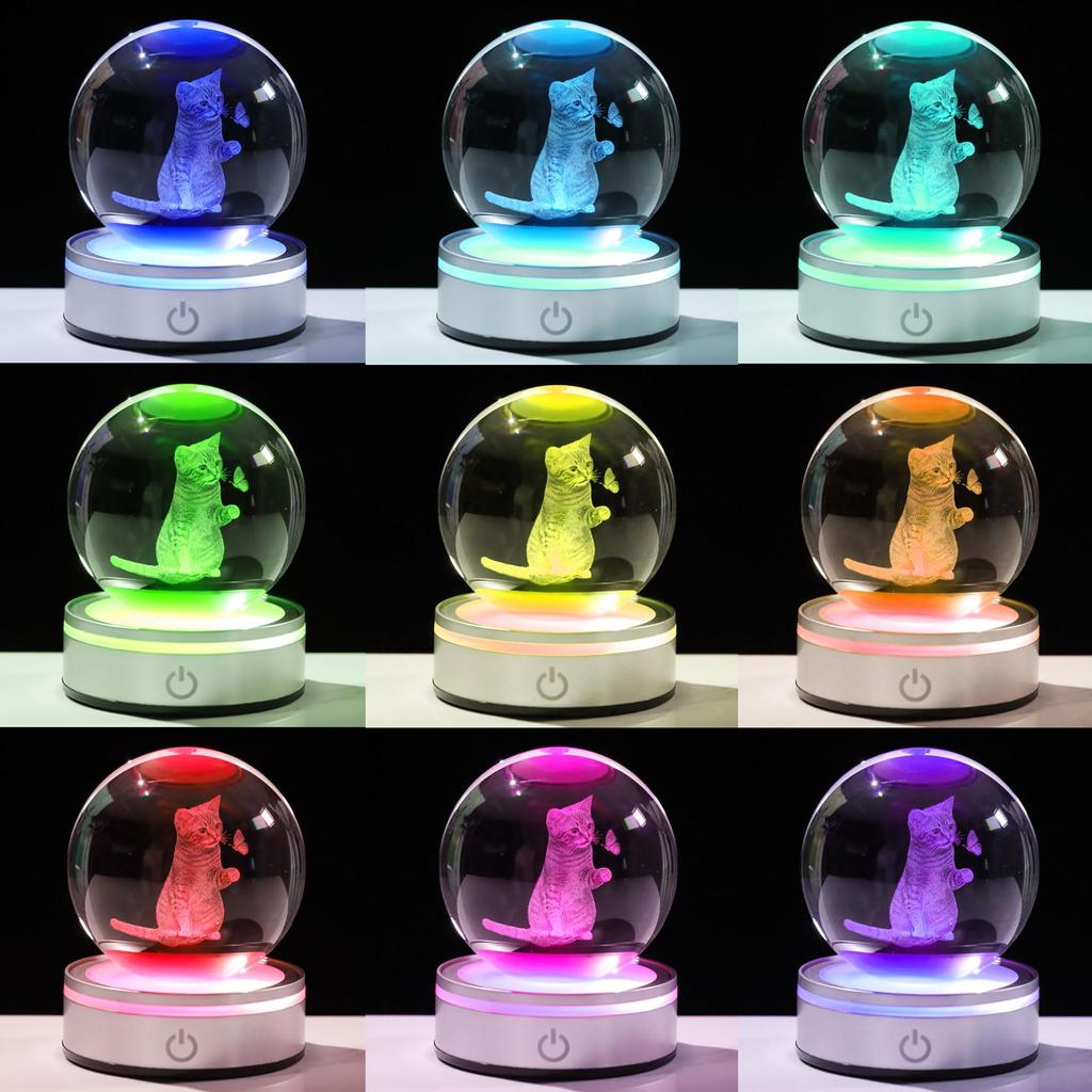 Kertari K9 Crystal Ball Cat Cute Birthday Gift for Girlfriends Popular Interior Cat Goods Butterfly Figurine Stylish Relaxation Goods Crystal Ball LED