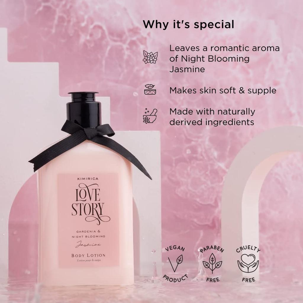 Kimirica Love Story Moisturizing Body Lotion |Gardenia and Night Blooming Jasmine | 270ml | Daily Moisturizer for All Skin Types |100% Vegan and P
