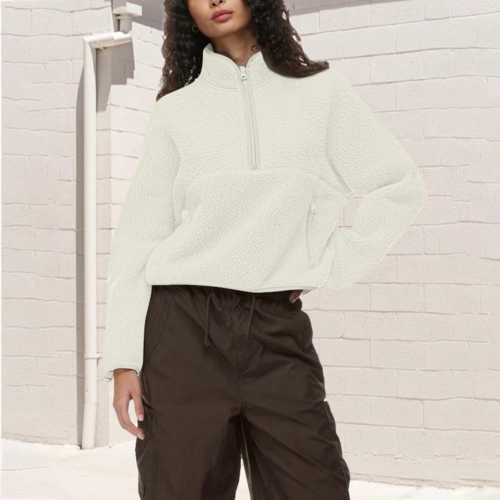 Ladies Half Zip Pullover Solid Color Long Sleeve Cropped Sweatshirt