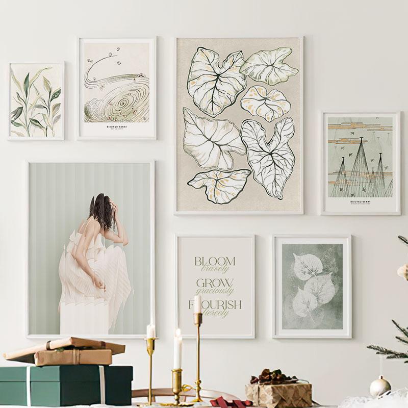 Mädchen Tinte Grün Blätter Segelboot Landschaft Zitat Wandkunst Leinwand Malerei Nordische Poster und Drucke Bilder für Wohnzimmer Dekor