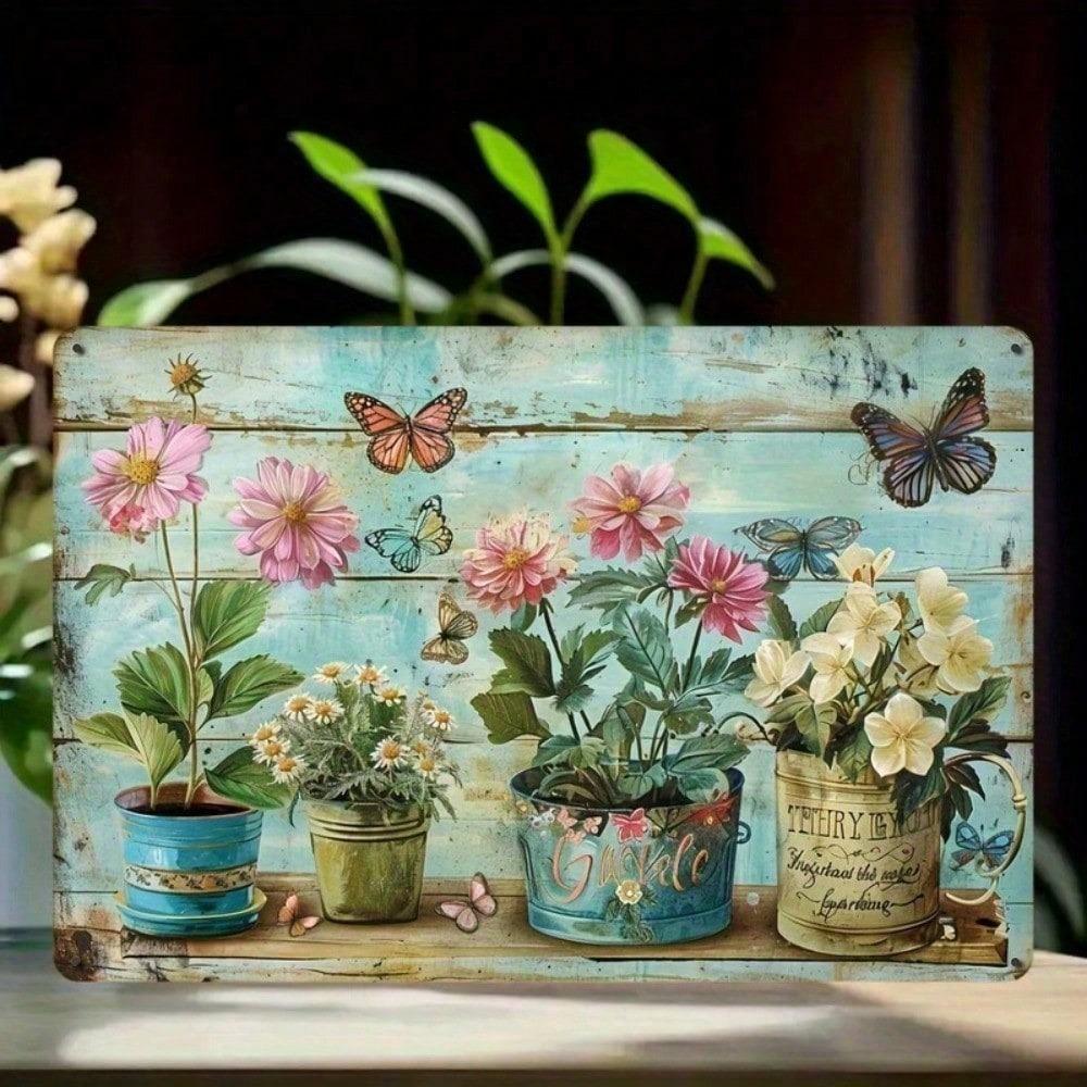 Vintage Floral Metal Wall Art Botanical Garden Decor Pink Blue Turquoise Pots Butterflies