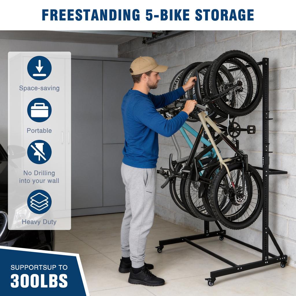 Freestanding Bike Storage Rack with Locking Casters 6 Hooks Heavy-Duty Hanging Bike Holder Height Adjustable Home Garage Stand