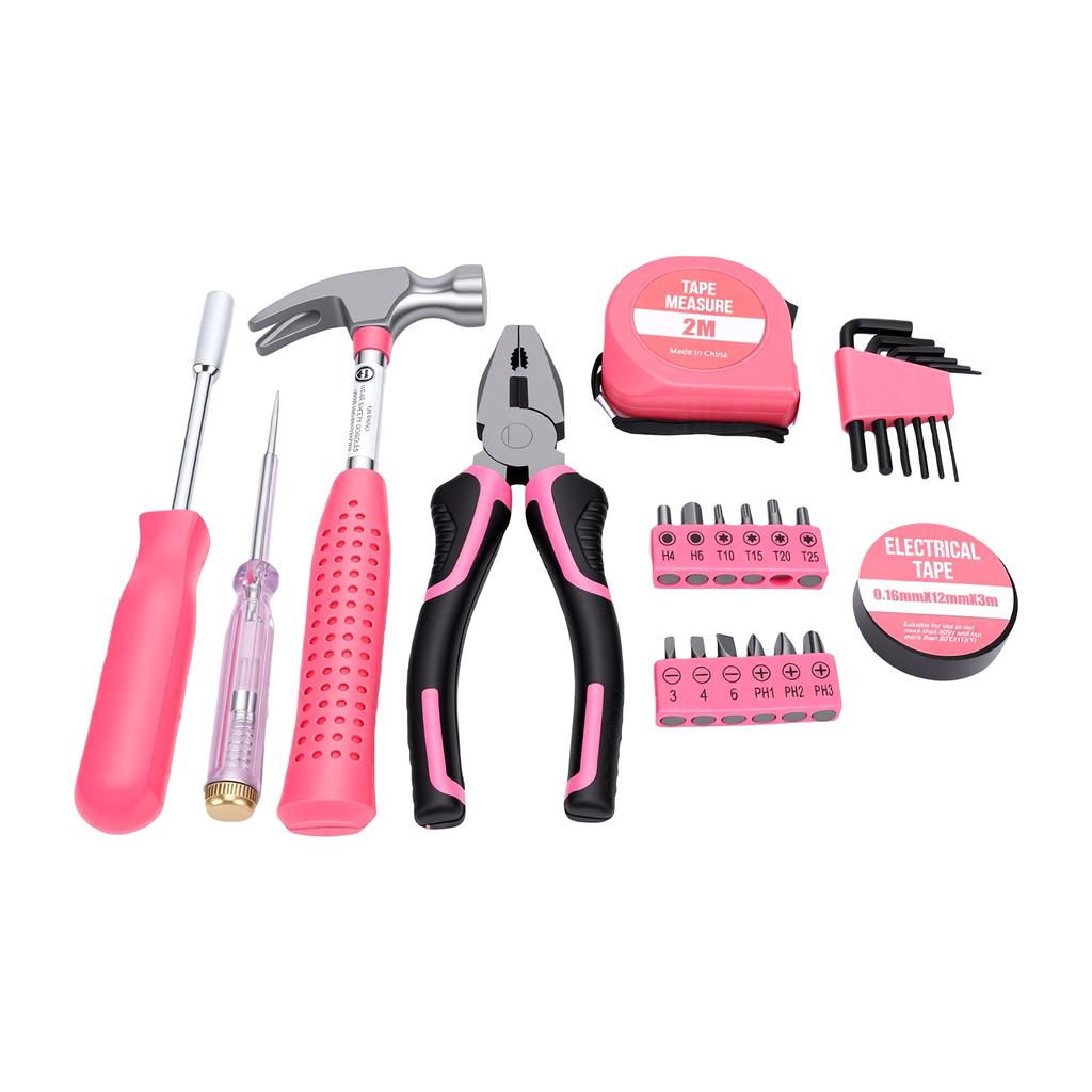 24-teiliges Mini-Werkzeugset mit rutschfestem Griff, Pink, Tragbares Handwerkzeug-Set für Frauen, Heimwerkerwerkzeug