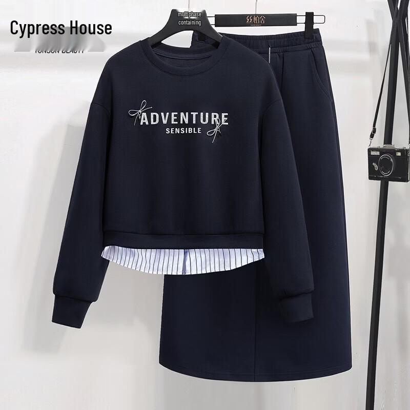 Women s Round Neck Patchwork Sweatshirt & Skirt Set L