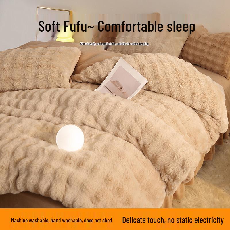 Winter Plush Bunny Fur Bedding Set: Double-Sided Milk Velvet and Coral Fleece Duvet Cover with Skirt