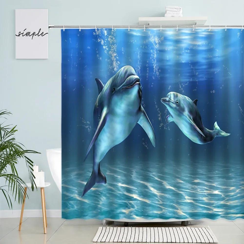 Funny Dolphin Shower Curtains Sunset Ocean Animals Tropical Fish Coral Children Bathroom Decor Polyester Bath Curtain with Hooks