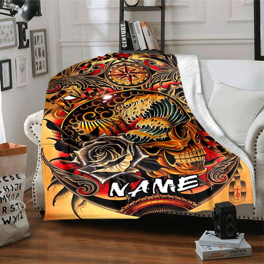 Custom Skull Roses Compass Waves Home Customize Your Name Blankets Comfortable Soft Lightweight Allseason Multipurpose Blanket For Picnics Sofas