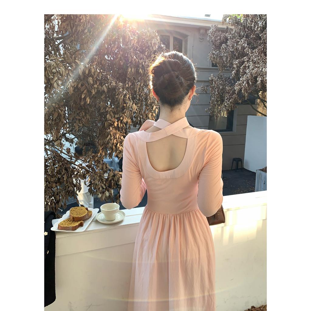Korean wear a complete set of women's autumn design sense niche bow long-sleeved temperament high waist and thin dress