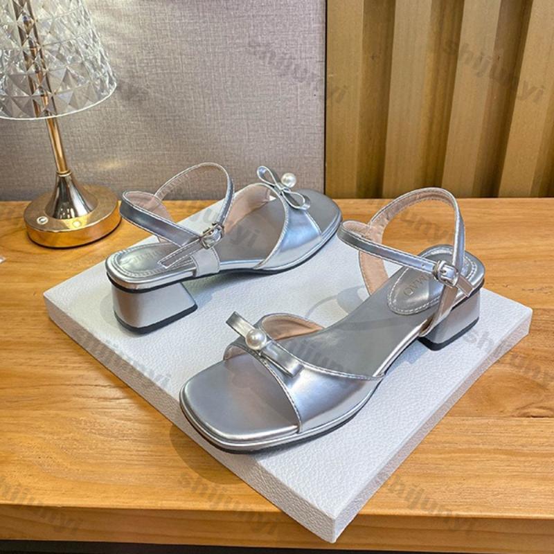 Fashion Elegant Medium Heel Women's Shoes 2025 New Fashion Square Button Chunky Heels Fashion One Word Buckle Strap Square Toe Sandals