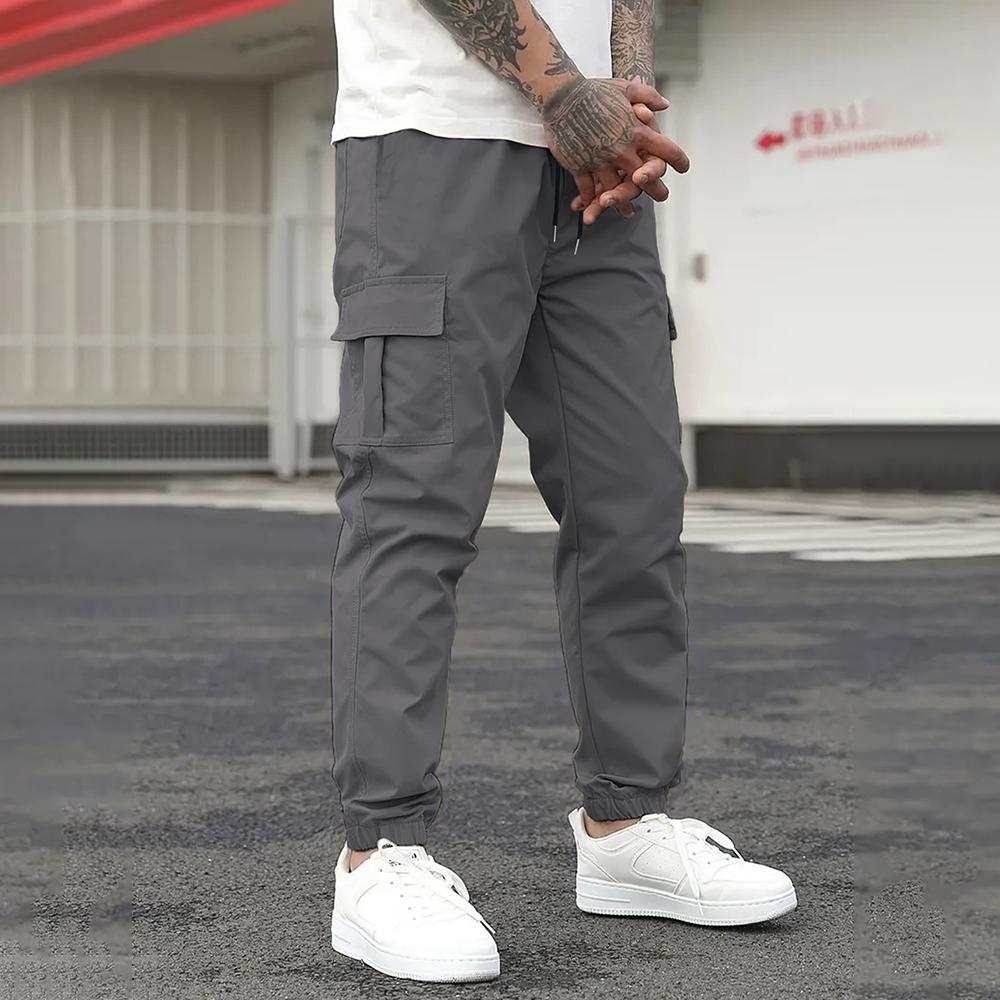 Men's Spring and Autumn Casual Trousers, Drawstring Drawstring Feet, Multi-pocket Overalls