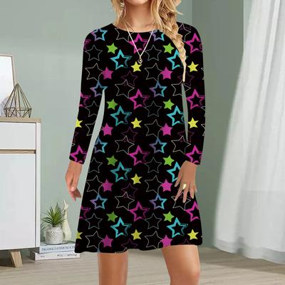 Damen Freizeitkleid Herbst Fünfzackstern Druckkleider Für Damen Rundhalsausschnitt Kurzarmkleid Große Größen