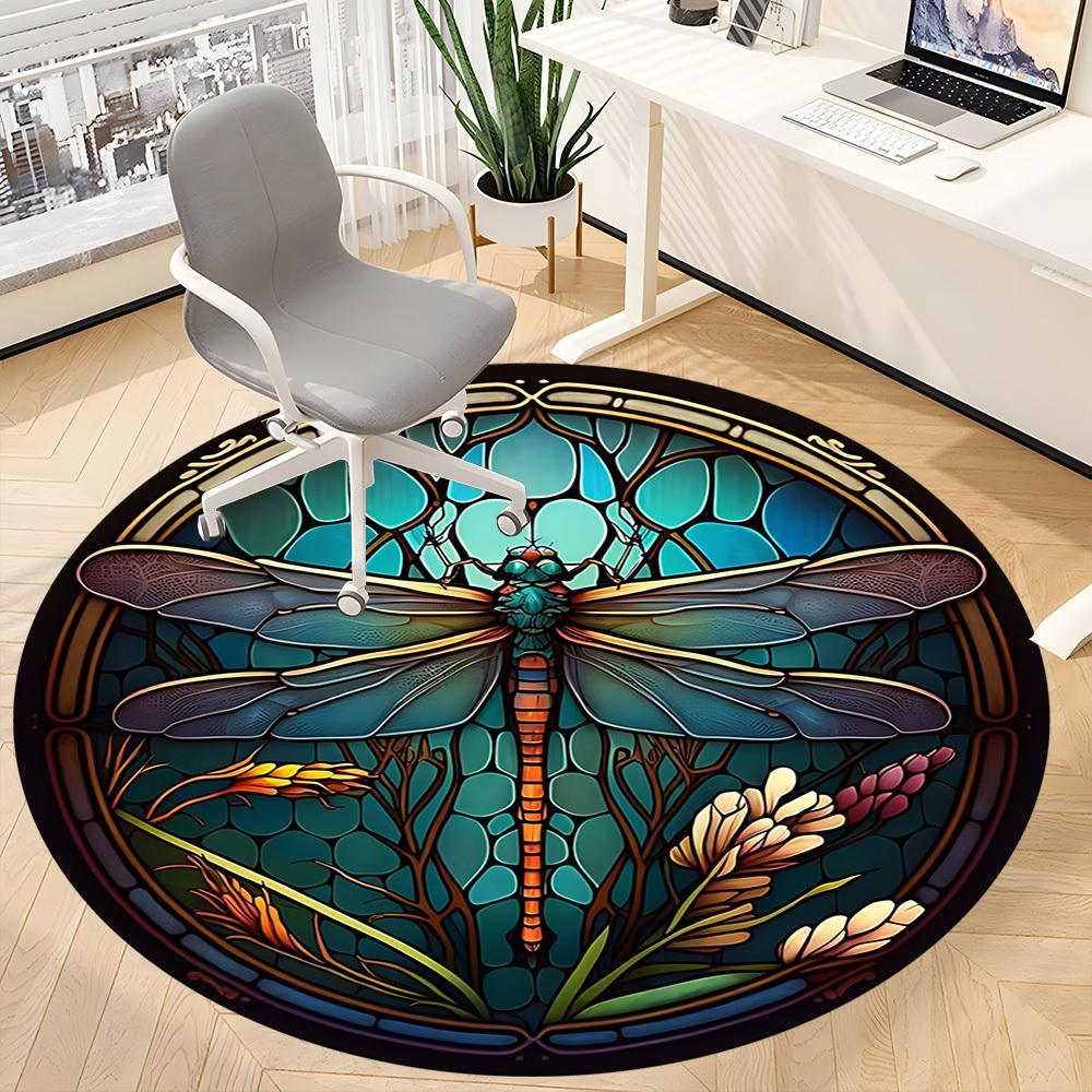 1PC Dragonfly StainedGlass Office Round Area Rug, Mat Suitable ForOffice, Under Office Chairs Bedroom Living Room Home Decor, Room Deco