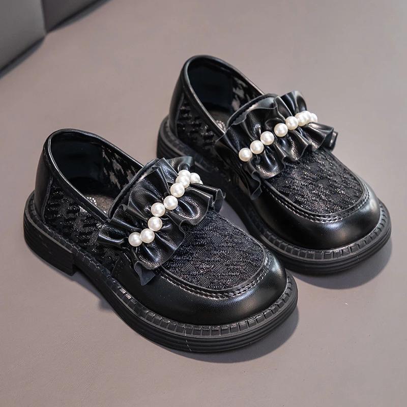 Girls Princess Shoes Mesh Pleated Pearls Fashion Kids Leather Shoes for For Party Wedding Children Loafers Slip-on Simple Cute