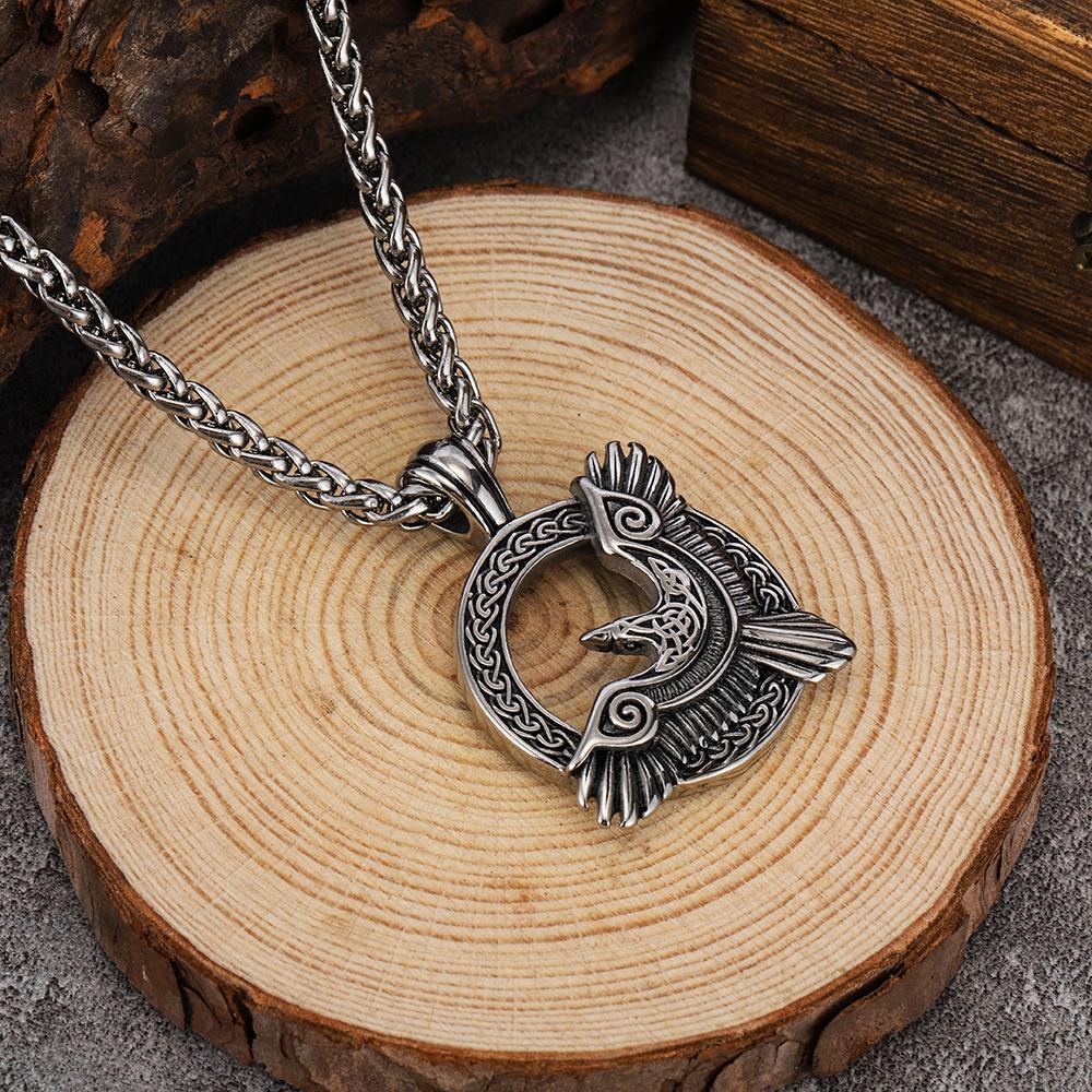 Nordic Viking Stainless Steel Engraved Raven Pendant New European & American Style Titanium Steel Men's Necklace Acces