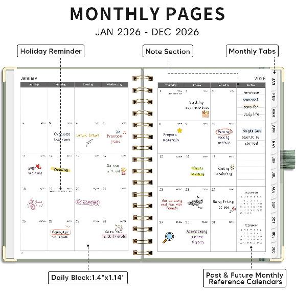 AHGXG 2026 Planner, Weekly and Monthly, 2026 Calendar, Jan 2026 - Dec 2026, Hardcover with Monthly Tabs, 100 GSM Thick Paper, for Women School Home