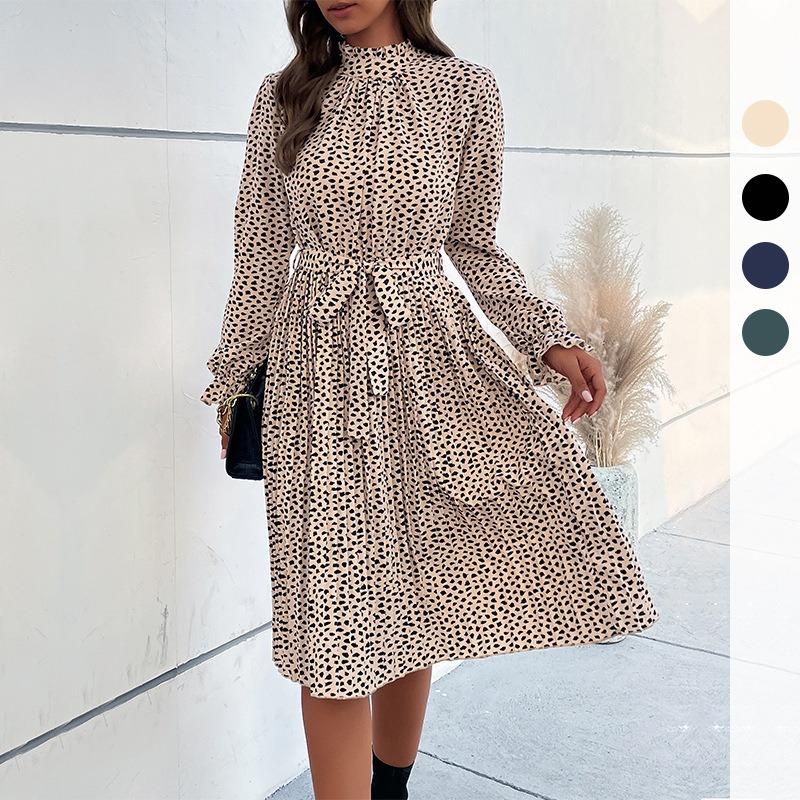 Autumn and winter women's clothing polka dot printing lace-up lotus leaf sleeve pleated dress women