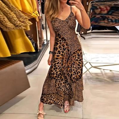 Ladies Suspender Leopard Butterfly Print Dress V-Neck Sleeveless Long Dress Sexy Spice Girl Style