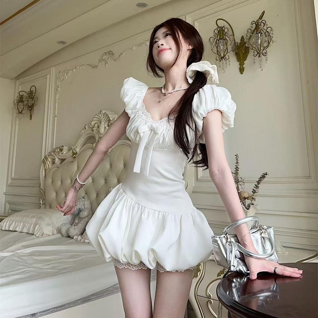 French first love girl white bubble sleeve dress female slim design bow bud short skirt summer
