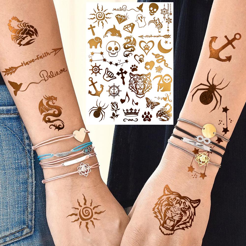 Golden Turtle Anchor Temporary Tattoo For Women Adult Realistic Compass Flower Fake Tattoo Sticker Washable Body Art Tatoo Decal