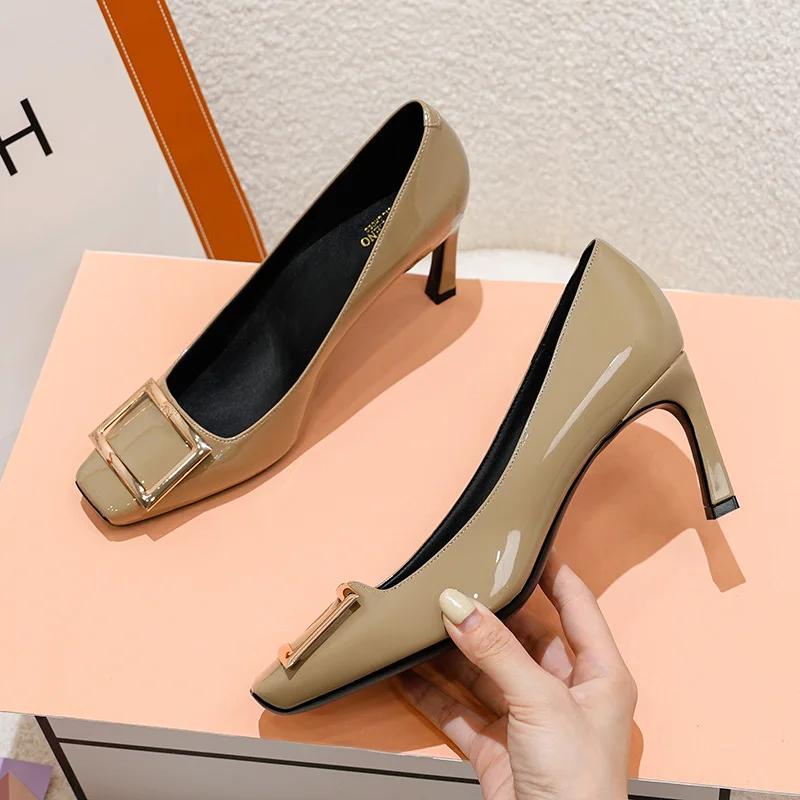 Square Buckle High Heels 2024 New Brand Women Sexy Thick High Heels Dress Party Wedding Shoes Retro Shallow Mouth Woman Pumps