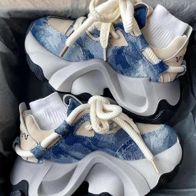 New Women Thick Sole Casual Sports Shoes Breathable Running Sneakers Fashion Colored Lace Up Design