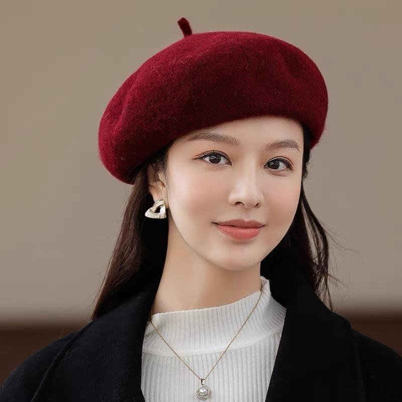 

Angora Hat Women s Beret Autumn and Winter Versatile Painter Cap Beret Woolen Hat Winter Fashion Pumpkin Hat Burgundy All yards