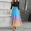 Women's Fashion Casual Belt Round Neck Gradient Splicing Elegant Temperament Three-quarter Sleeve Dress