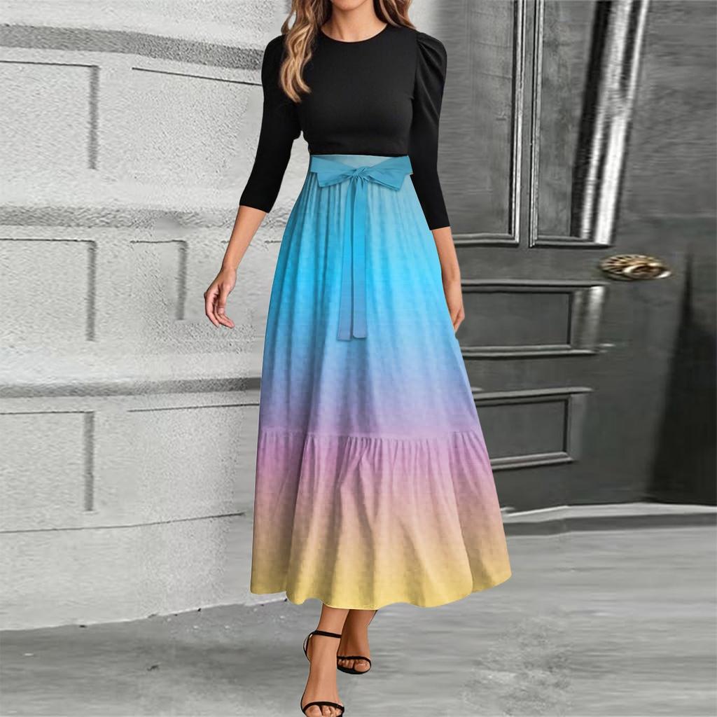 Women's Fashion Casual Belt Round Neck Gradient Splicing Elegant Temperament Three-quarter Sleeve Dress