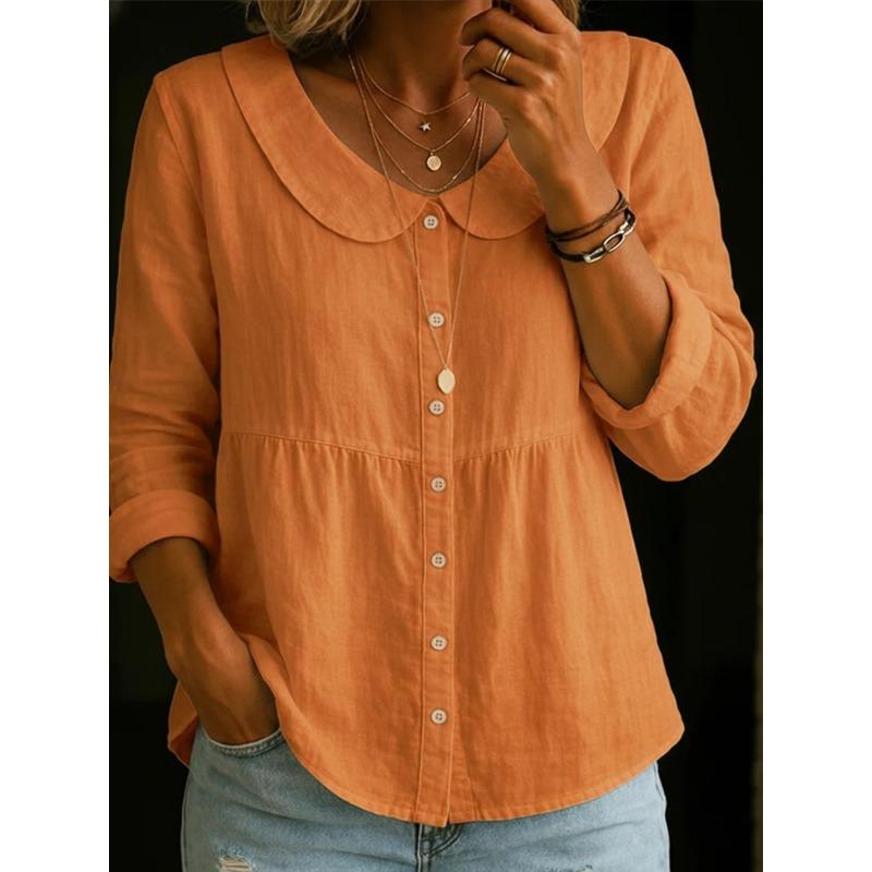 Women's Peter Pan Collar Linen Blend Blouse Button Down Long Sleeve Casual Shirt