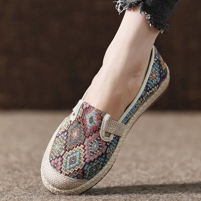 Damen Patchwork Canvas Leinen Loafers Handgefertigte Damen Casual Slip On Sneakers Bestickte flache Espadrilles Hanfschuhe