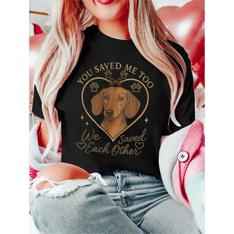 

European Size Valentine s Day Women s Short Sleeve T-Shirt, Golden Heart Dachshund Print, Soft Stretch Crew Neck, S-XXL 4XL
