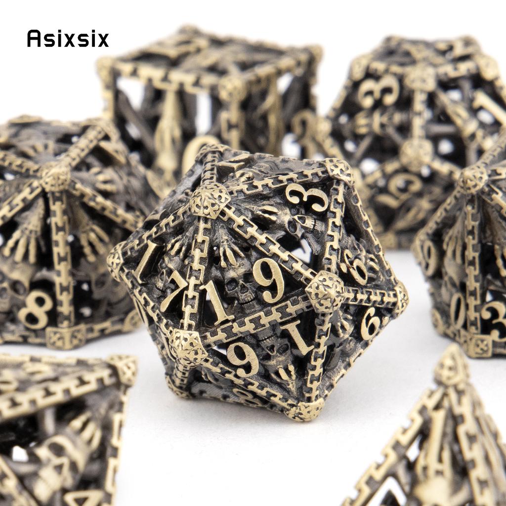 7 Pcs Copper Hand Skull Head Metal Dice Hollow Metal Polyhedral Dice Set Suitable for Role-Playing RPG  Board Game Card Game