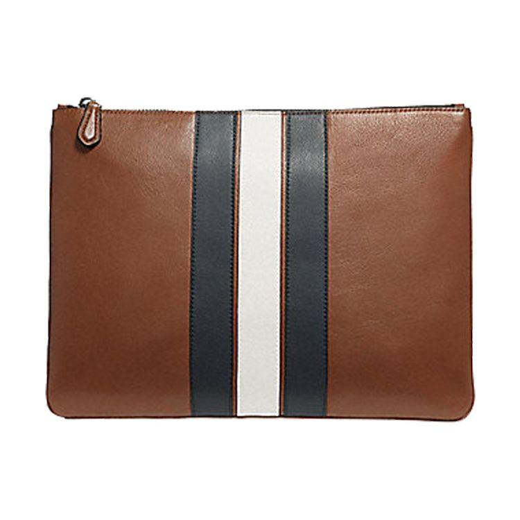 Coach Pouch Striped Design Patchwork Leather Clutch Large Men clutch Brown 24658-N3D Basic Set (Bag+Dust Bag)