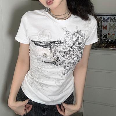 Retro Graphic Crop Top White Short Sleeve O Neck Casual T Shirt for Women Y2k Aesthetic Vintage Basic Tees Ladies Clothes