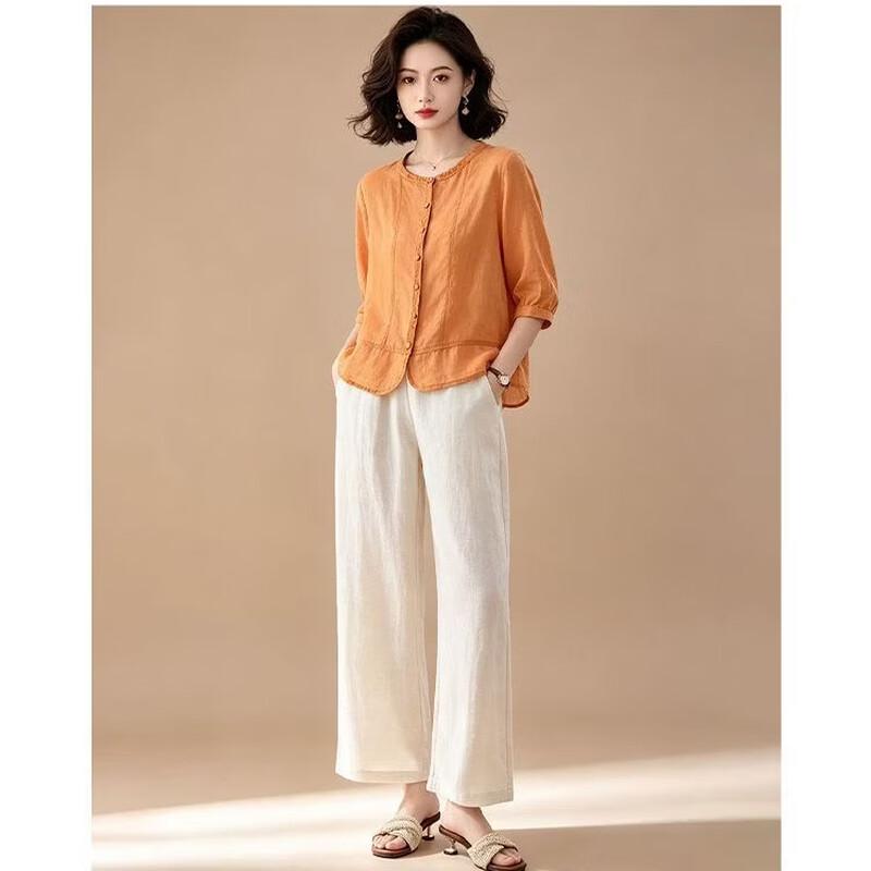 EST+II Women's Ramie Round Neck 3/4 Sleeve Cardigan & Wide-Leg Pants Set