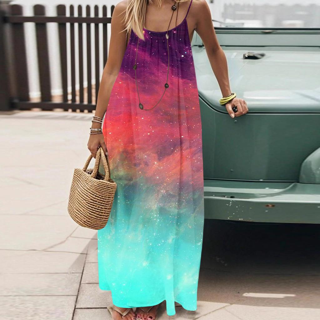 Dámské Módní Ležérní Volné Šaty s Květinovým Potiskem a Úzkými Ramínky Bez Zad