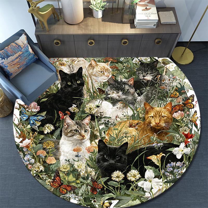 Cats Flowers Round Area Rug,Carpet Rug for Living Room Bedroom Sofa Playroom Decor,Non-slip Floor Mat