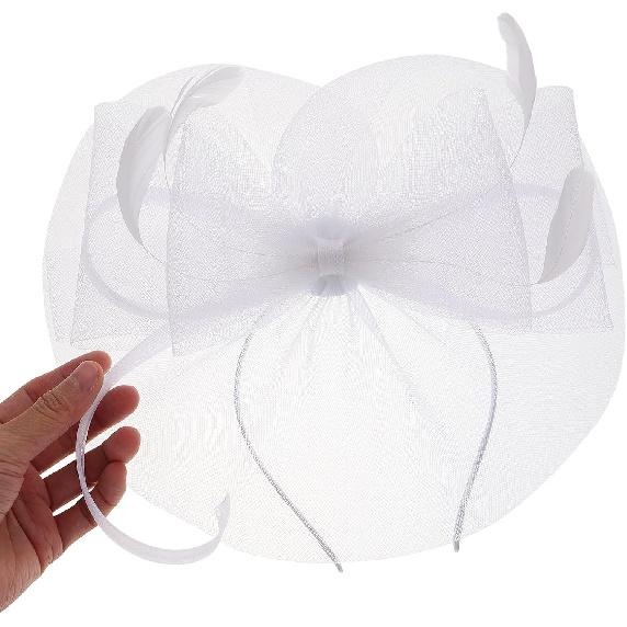 Vintage White Bow Knot Fascinator Hat with Mesh Veil Headpiece for Women Wedding Tea Party Church Special Occasion Accessories