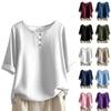 Dames O-hals Blouse met Driekwartmouwen Losse Pasvorm Casual Katoen Linnen Top Effen Kleur Knopen Henley Top