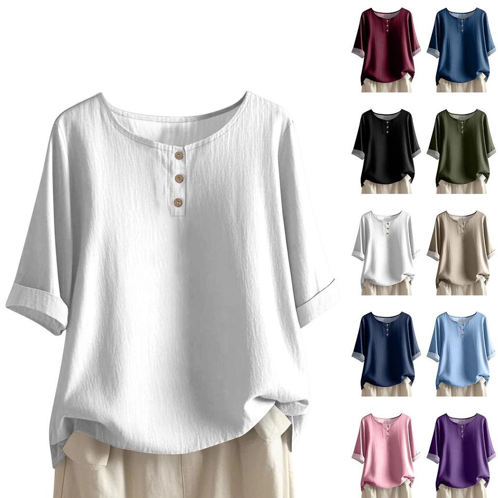 Dames O-hals Blouse met Driekwartmouwen Losse Pasvorm Casual Katoen Linnen Top Effen Kleur Knopen Henley Top
